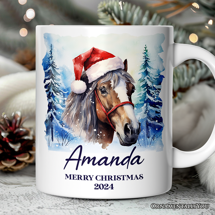 Horse with Santa Hat Personalized Mug, Winter Forest Christmas Gift With Custom Name and Date