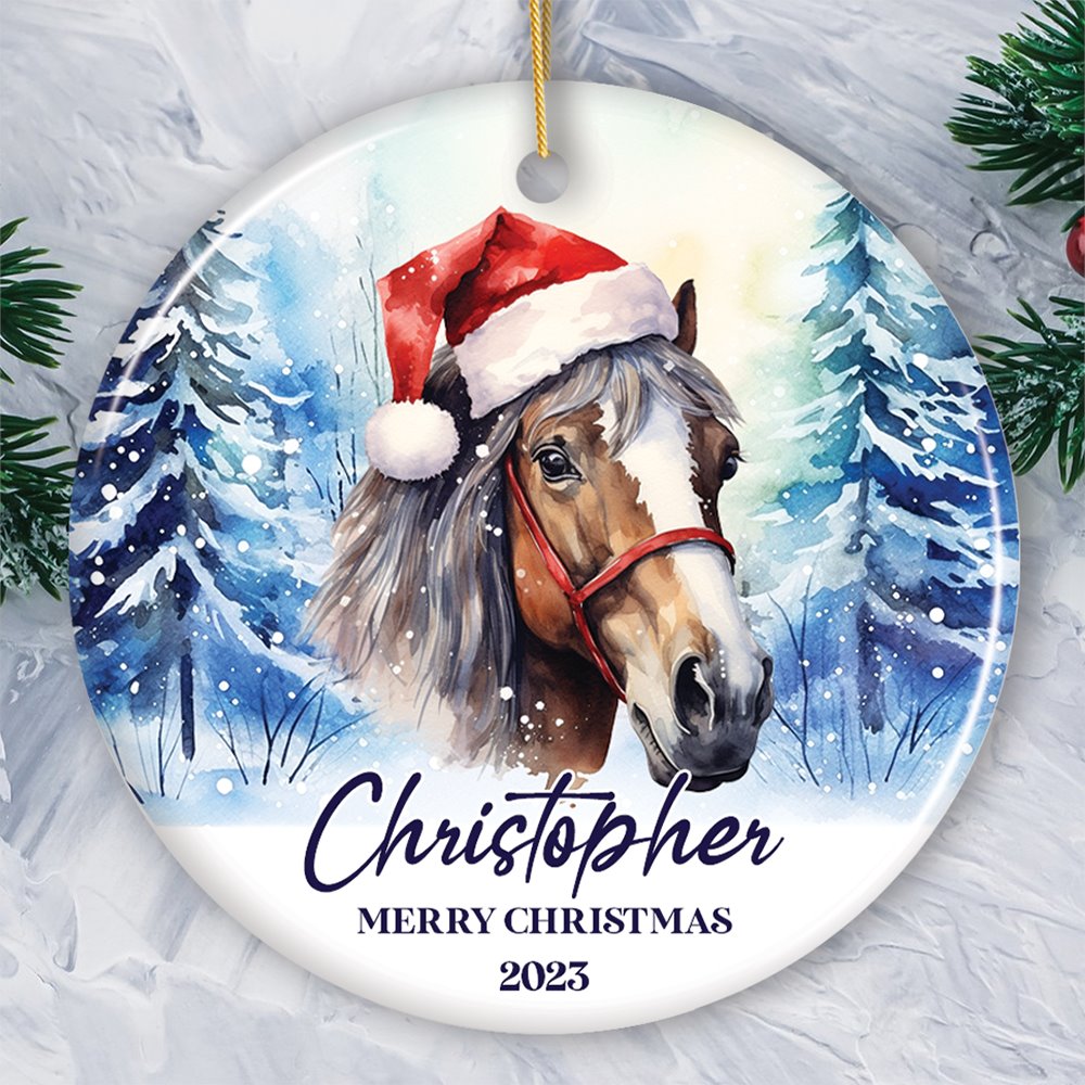 Horse with Santa Hat Personalized Ornament, Winter Forest Christmas Gift With Custom Name and Date Ceramic Ornament OrnamentallyYou Circle 