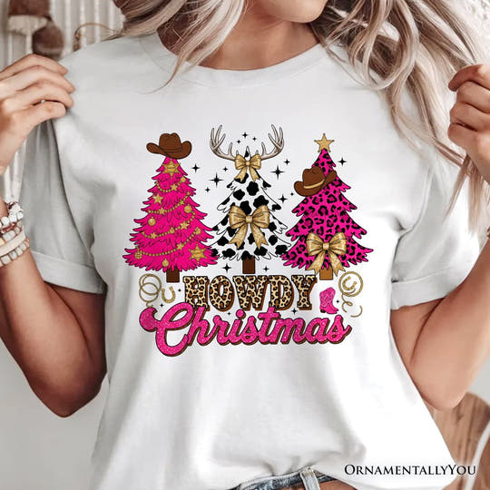 Howdy Pink Christmas Western Christmas T-Shirt, Leopard Print Retro Holiday Tee T-Shirts OrnamentallyYou 