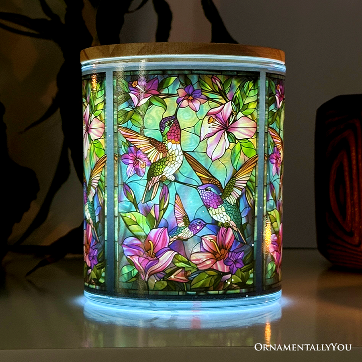 Hummingbird Faux Stained Glass LED Tea Light Candle, Delicate Nature Inspired Decor With Soft Glow