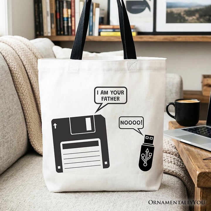I Am Your Father Floppy Disk Tote Bag, Funny USB Retro Dad Computer Nerd Gift Shopper Tote Bag OrnamentallyYou Black Handle 