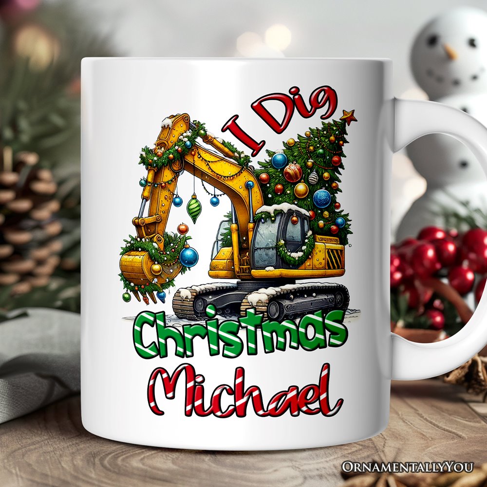 I Dig Christmas Personalized Mug, Christmas Kids Excavator Gifts with Custom Name Personalized Ceramic Mug OrnamentallyYou 12oz Mug Customized 