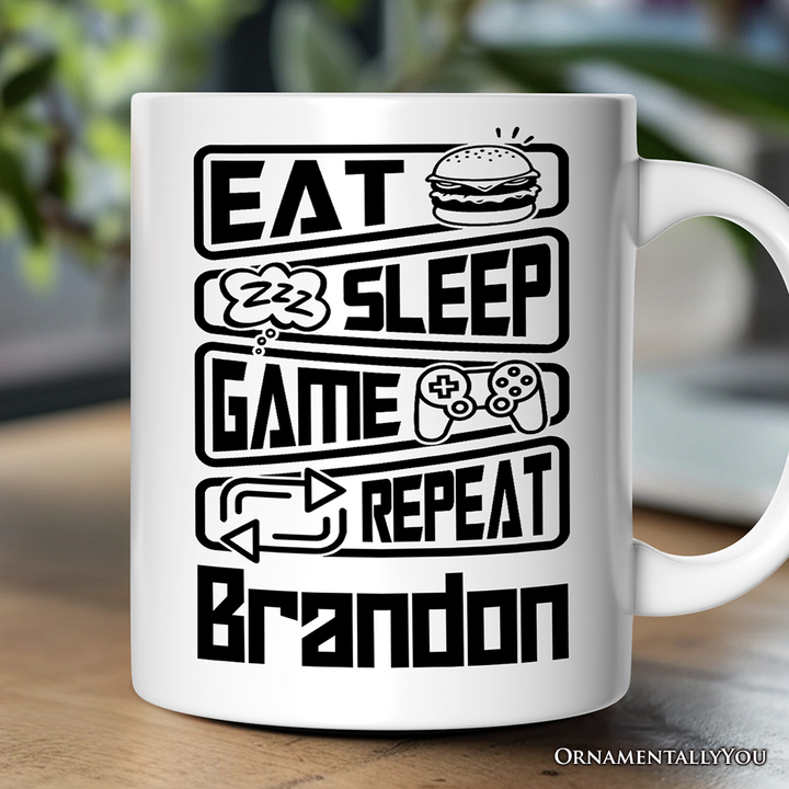 Eat Sleep Game Repeat Personalized Mug, Funny Gamer Gift With Custom Name