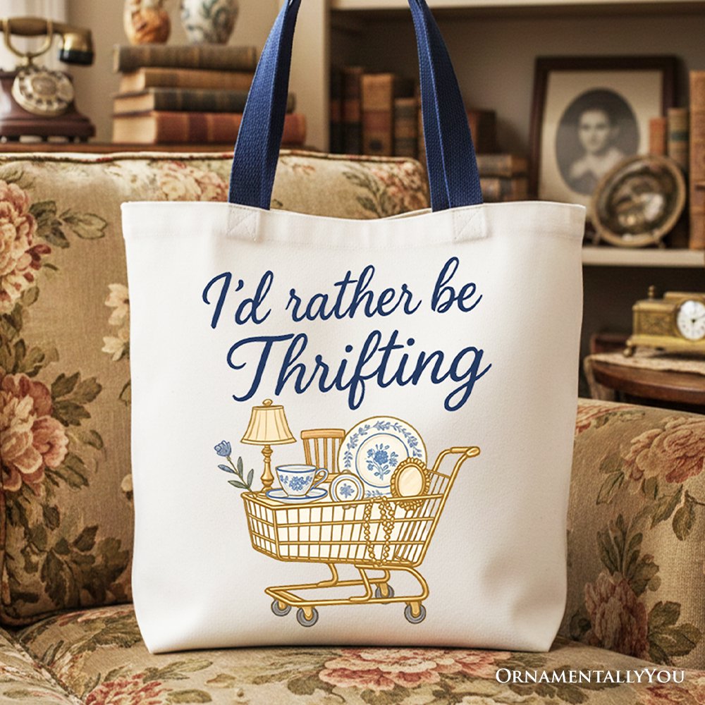 I’d Rather Be Thrifting Canvas Tote Bag, Vintage Thrift Shop Lover Gift Shopper Tote Bag OrnamentallyYou Navy Handle 
