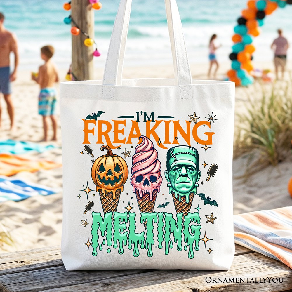 I’m Freaking Melting Frankenstein Tote Bag, Funny Ice Cream Halloween Gift Shopper for Summer Spooky Season Tote Bag OrnamentallyYou White 
