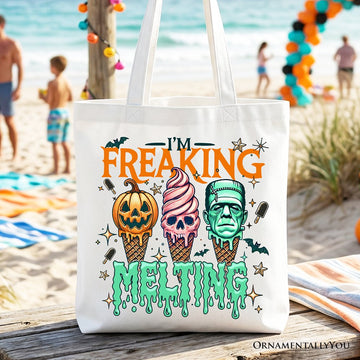 I’m Freaking Melting Frankenstein Tote Bag, Funny Ice Cream Halloween Gift Shopper for Summer Spooky Season Tote Bag OrnamentallyYou White 