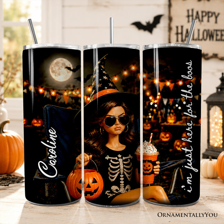 I'm Just Here For The Boos 20oz Personalized Tumbler With Lid and Stainless Steel Straw, Funny Doll Face Witch Gift Cup