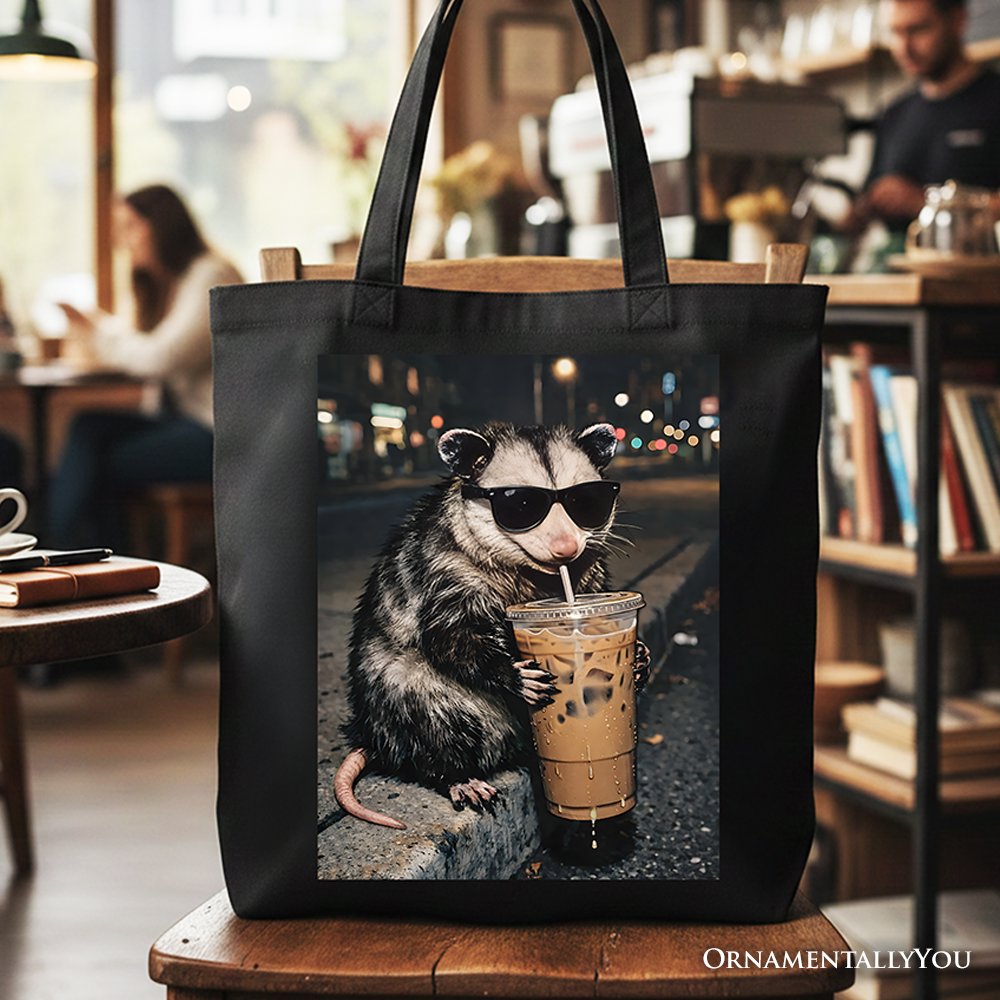Iced Coffee Opossum Tote Bag, Funny Animal Meme Gift Shopper Tote Bag OrnamentallyYou Black 
