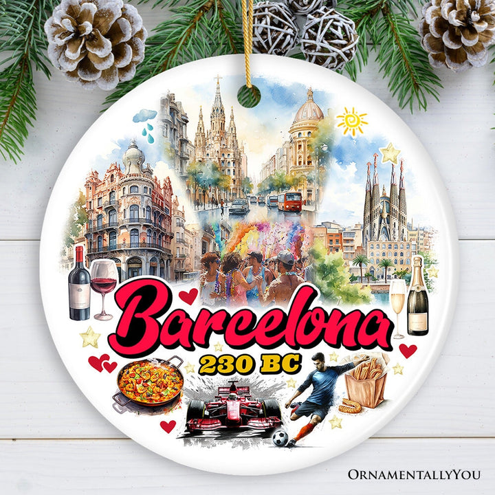 Illustrated Barcelona Landmarks Ceramic Ornament, Spain Travel Souvenir and Christmas Gift Ceramic Ornament OrnamentallyYou 