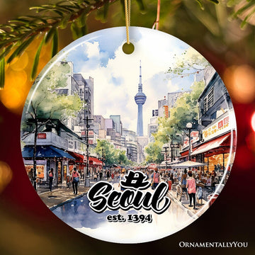 Illustrated Seoul South Korea Ceramic Ornament, Souvenir and Christmas Keepsake Ceramic Ornament OrnamentallyYou Circle 