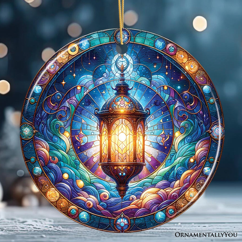 Illustrious Lantern Stained Glass Style Ceramic Ornament, Christmas Gift and Decor Ceramic Ornament OrnamentallyYou Circle 