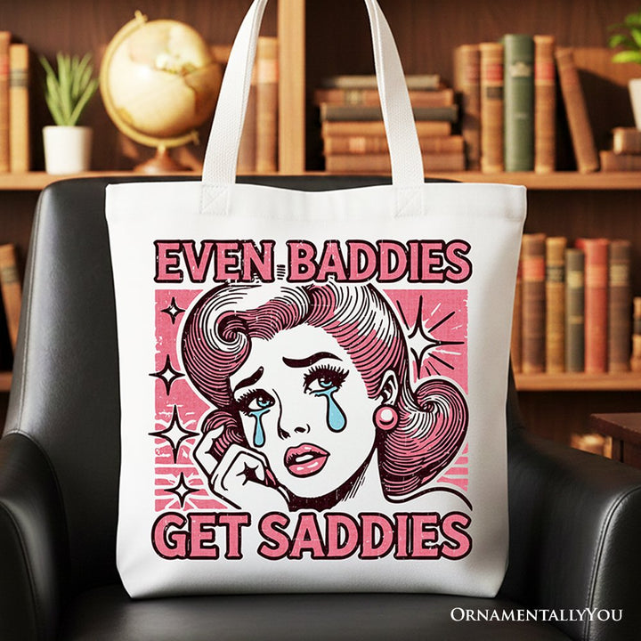 Even Baddies Get Saddies Tote Bag, Retro Crying Girl Pop Art for Stylish and Emotional Women Tote Bag OrnamentallyYou White 