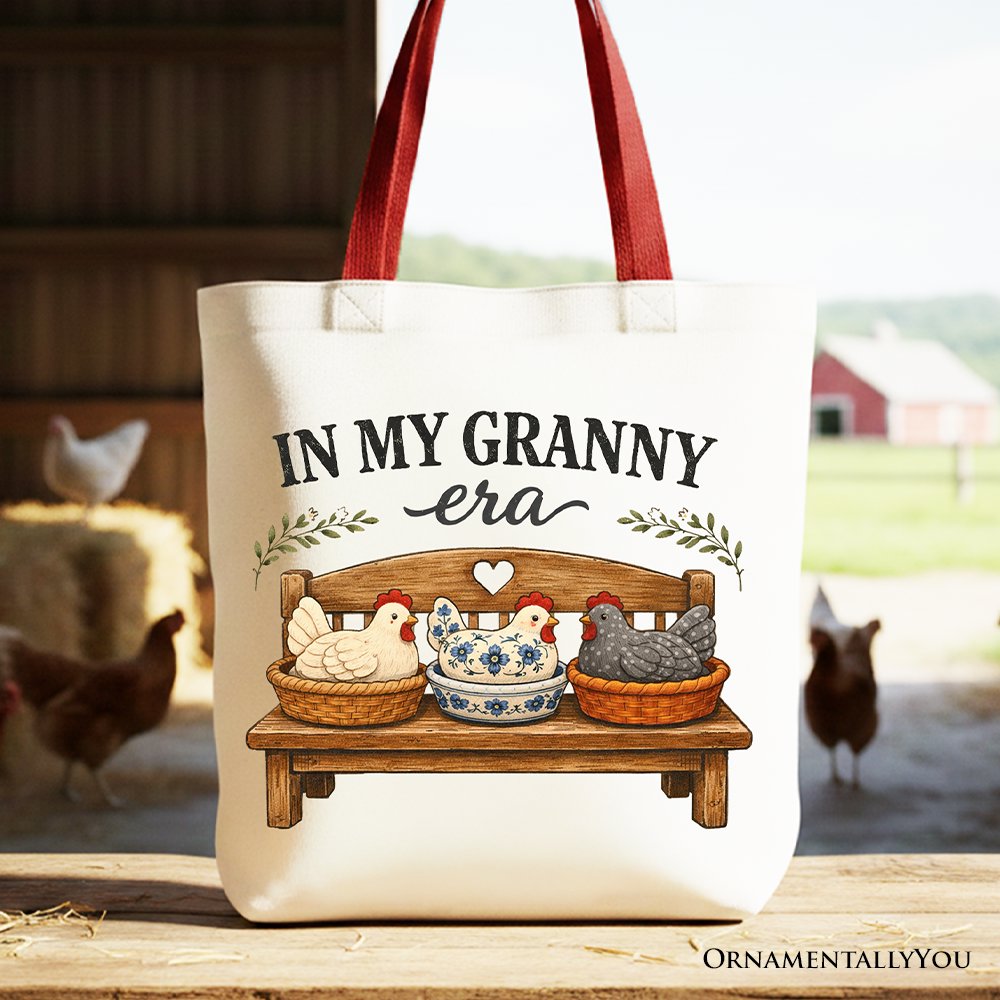 In My Granny Era Chicken Vintage Tote Bag, Cozy Farmhouse Country Grandma Gift Shopper Tote Bag OrnamentallyYou Red Handle 