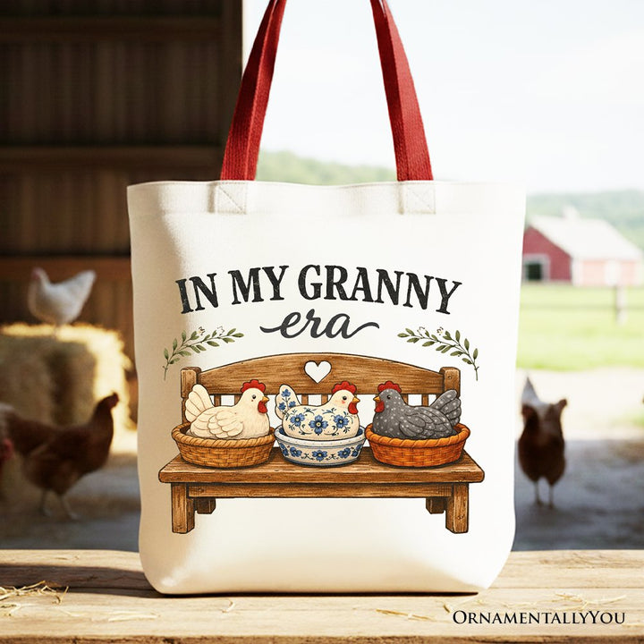 In My Granny Era Chicken Vintage Tote Bag, Cozy Farmhouse Country Grandma Gift Shopper Tote Bag OrnamentallyYou Red Handle 