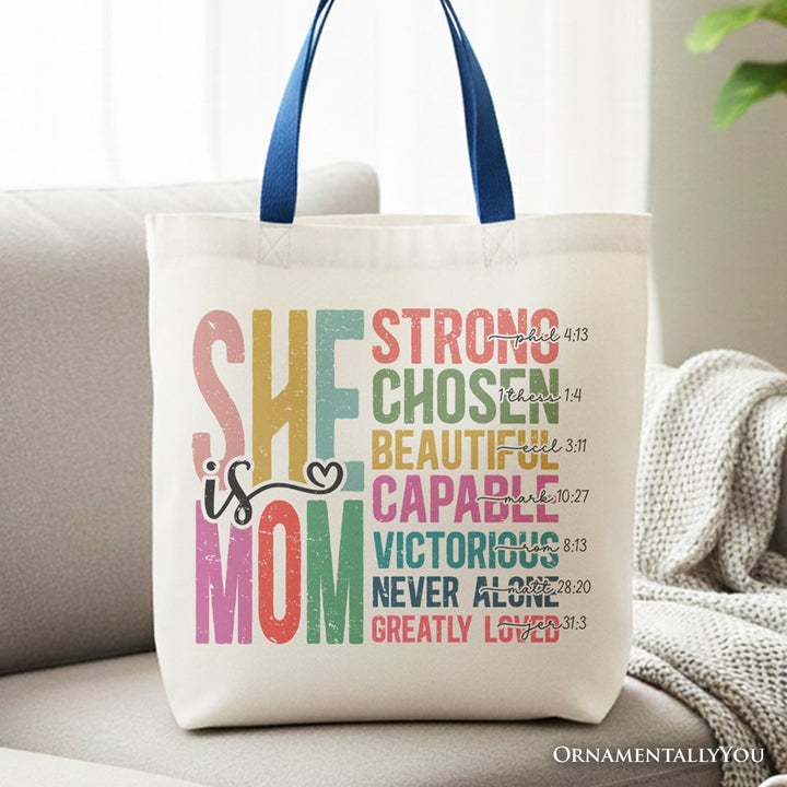 Inspirational Christian Mom Canvas Tote Bag, Affirmation Gift Shopper for Strong and Motivated Mothers Tote Bag OrnamentallyYou Navy Handle 