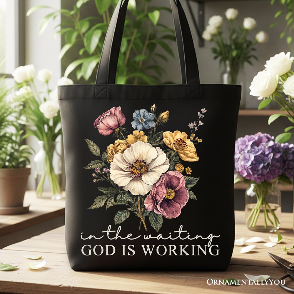 In the Waiting God Is Working Floral Christian Canvas Tote Bag, Vintage Wildflower Faith Gift Shopper Tote Bag OrnamentallyYou Black 