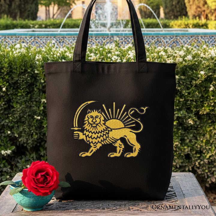 Iran Lion and Sun Emblem Canvas Tote Bag, Protest Persian Heritage Pride Gift Shopper OrnamentallyYou Black 