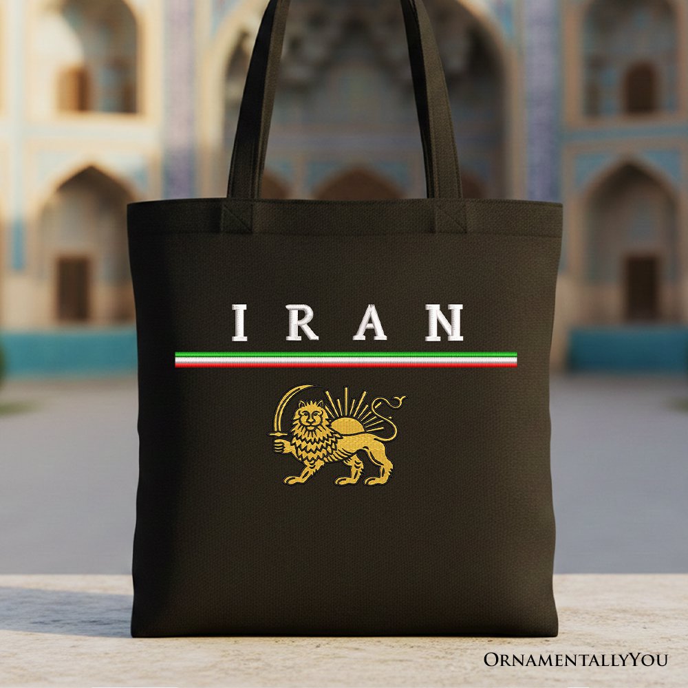 Iran Lion and Sun Flag Canvas Tote Bag, Protest Persian Heritage Pride Gift Shopper OrnamentallyYou Black 