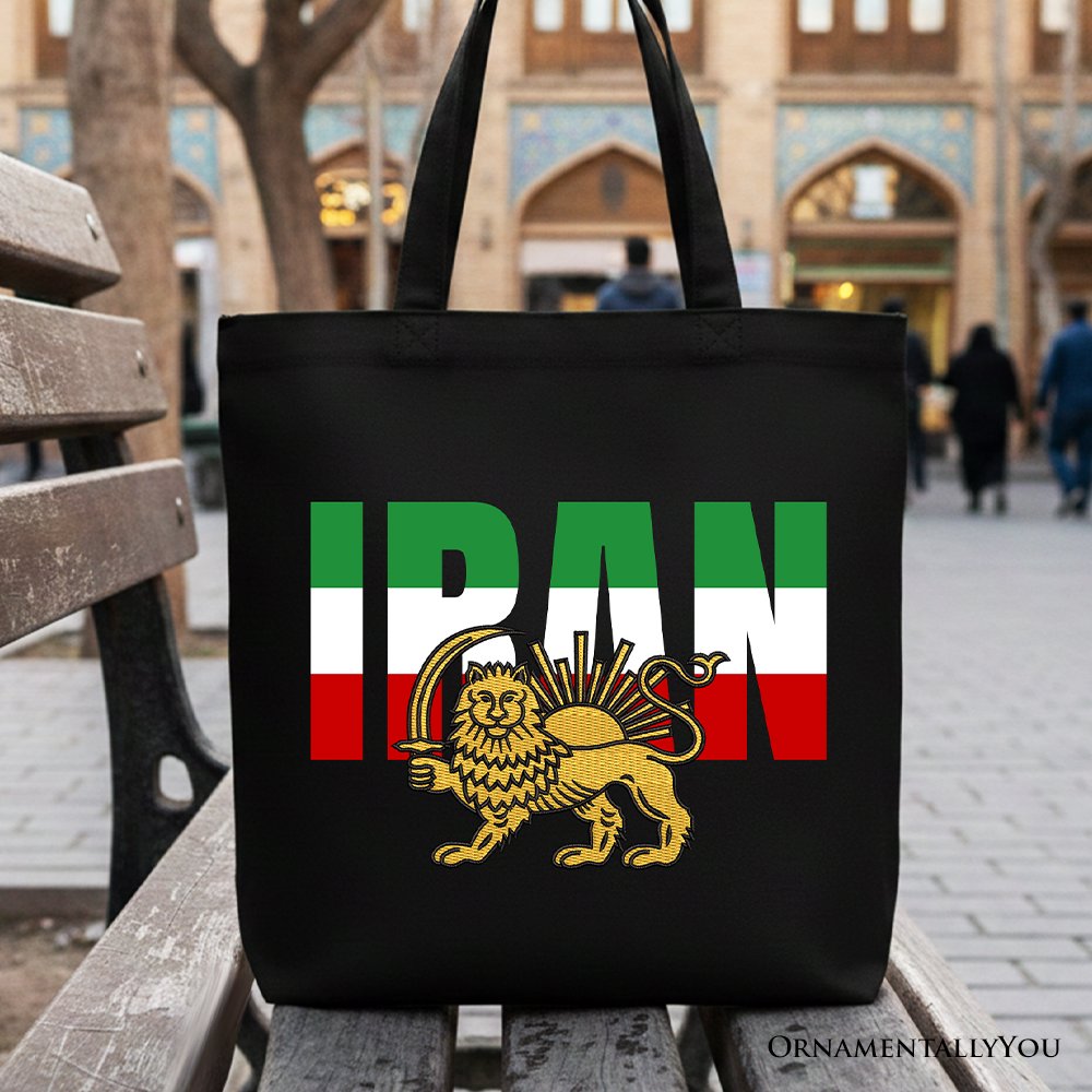 Iran Lion and Sun Flag Canvas Tote Bag, Protest Persian Shir-o-Khorshid Heritage Pride Gift Shopper OrnamentallyYou Black 