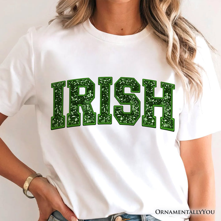 Irish Sequin St Patrick’s Day T-Shirt, Festive Green Glitter Imitation Tee T-Shirts OrnamentallyYou 
