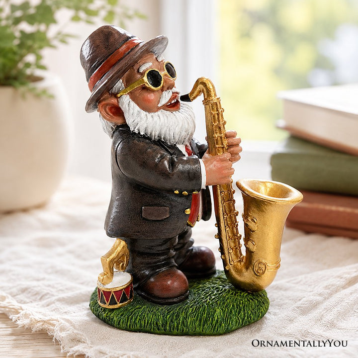 Jazzy Gnome Garden Statue, 8" Music Playing Dwarf Figurine Outdoor Decor Resin Statues OrnamentallyYou 
