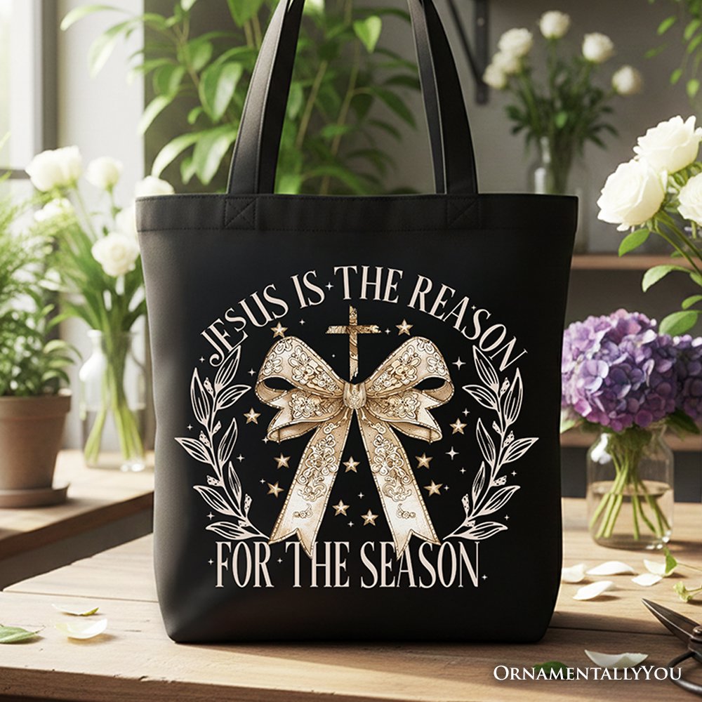 Jesus Is the Reason Christmas Tote Bag, Coquette Gold Bow Cross Gift Shopper for Faithful Women Tote Bag OrnamentallyYou Black 