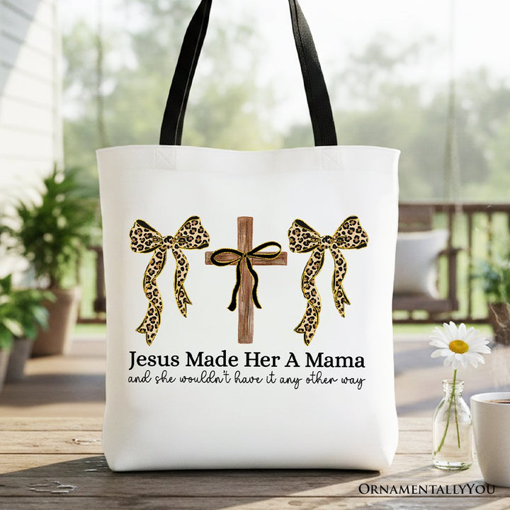 Jesus Made Her A Mama Tote Bag, Coquette Christian Leopard Bows Faith Gift Shopper Tote Bag OrnamentallyYou Black Handle 