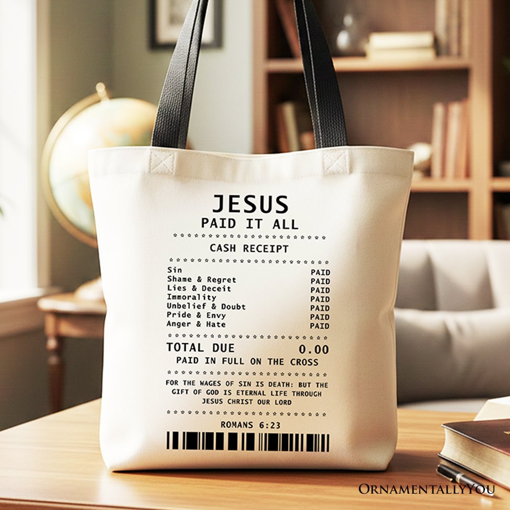 Jesus Paid It All Cash Receipt Tote Bag, Christian Gift Shopper for Believers Tote Bag OrnamentallyYou Black Handle 