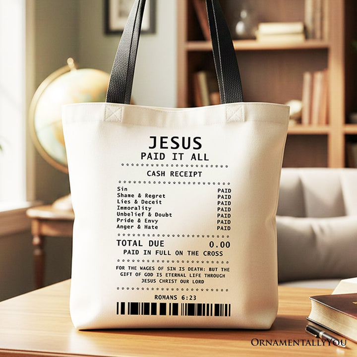 Jesus Paid It All Cash Receipt Tote Bag, Christian Gift Shopper for Believers Tote Bag OrnamentallyYou Black Handle 