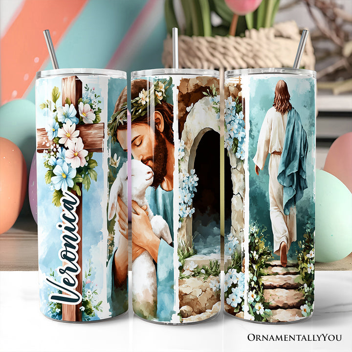 Jesus has Risen 20oz Personalized Tumbler With Lid and Stainless Steel Straw, Easter Blue Brushstrokes Spring Gift Cup