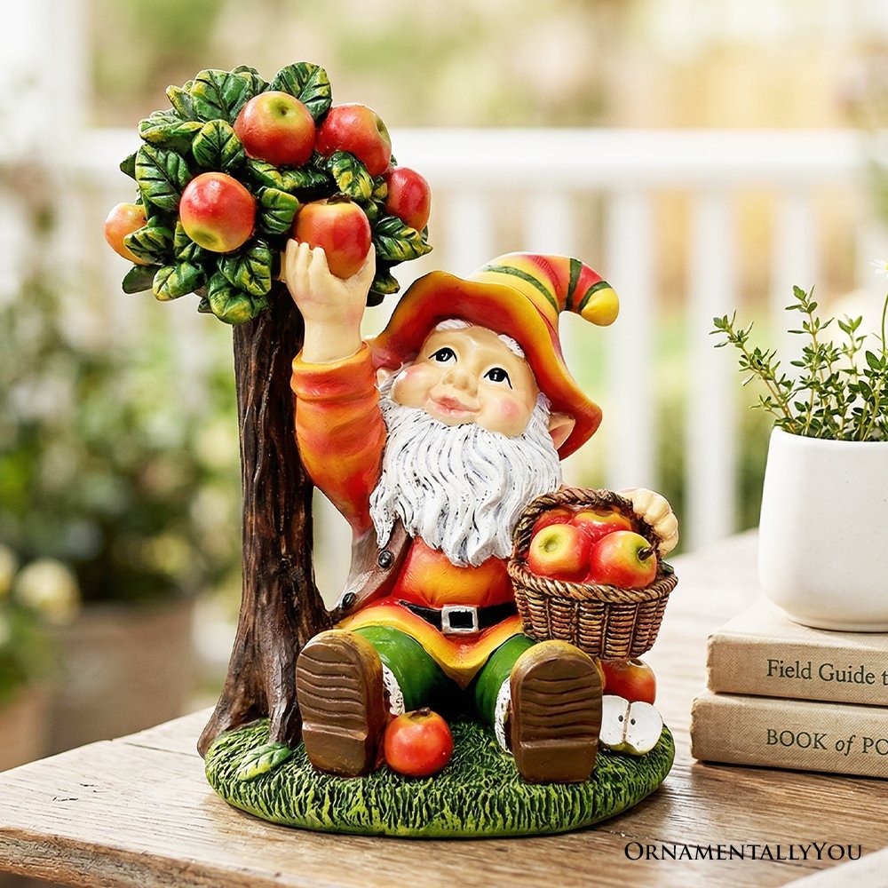 Johnny Apple Gnome Cute Garden Statue, 9" Orchid Picker Whimsical Dwarf Figurine Resin Statues OrnamentallyYou 