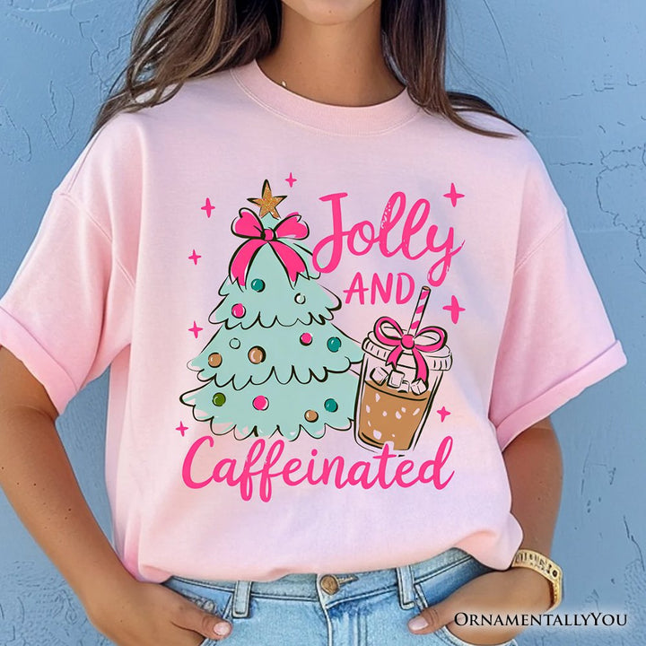 Jolly and Caffeinated Christmas Tree T-Shirt, Retro Coquette Coffee Holiday Tee T-Shirts OrnamentallyYou 