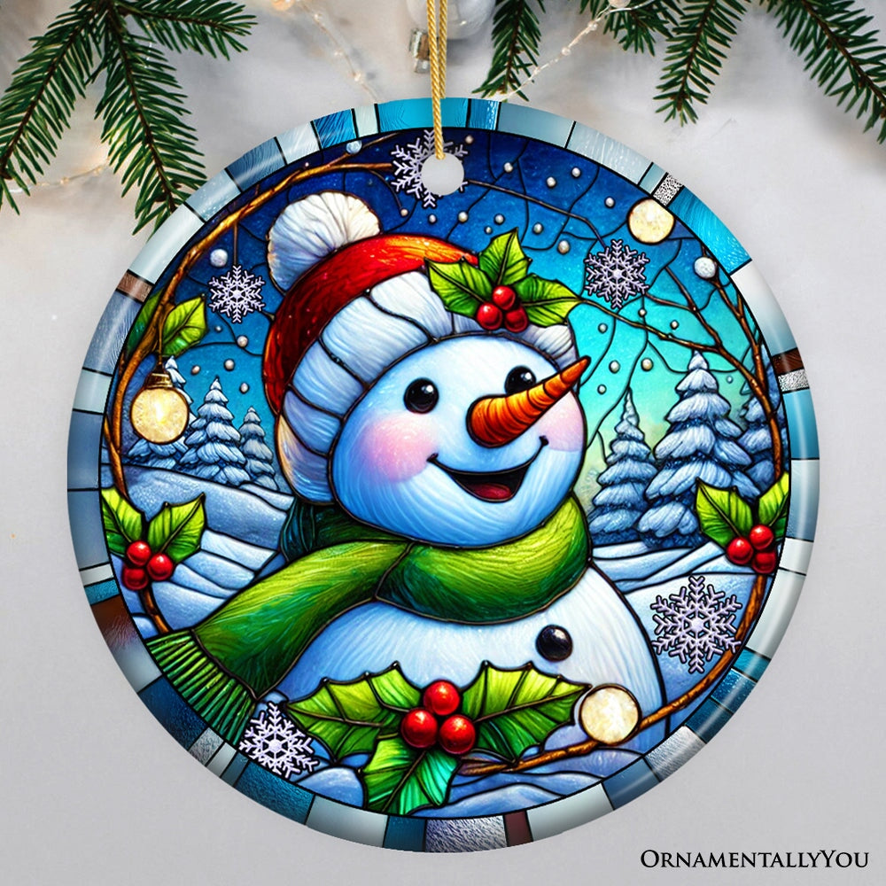 Joyful Winter Snowman Ornament, Playful Frosty Figure for Festive Holiday Decor Ceramic Ornament OrnamentallyYou Circle 