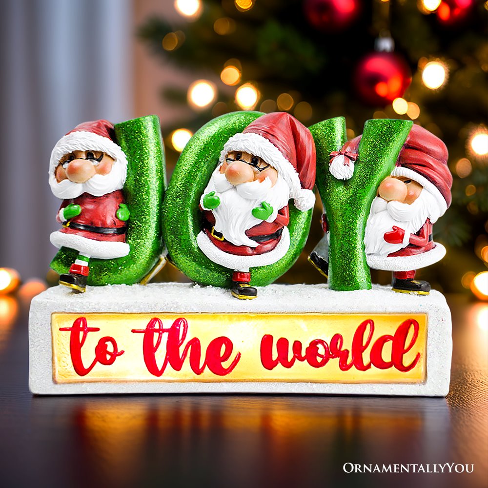 Joy to the World with Holiday Gnomes Lighted Statue, Tabletop LED Christmas Decor Resin Statues OrnamentallyYou 