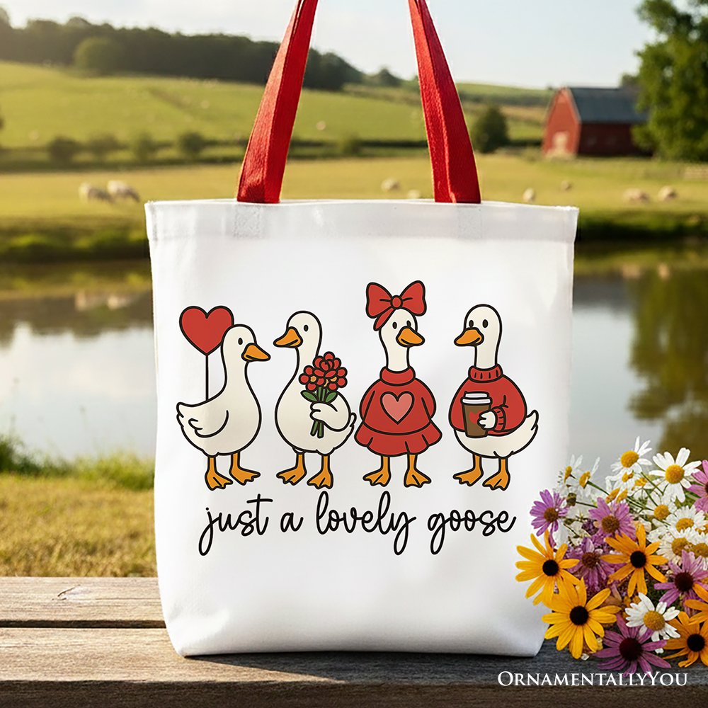 Just a Lovely Goose Valentine Canvas Tote Bag, Coquette Cute Love Printed Gift Bag Tote Bag OrnamentallyYou Red Handle 