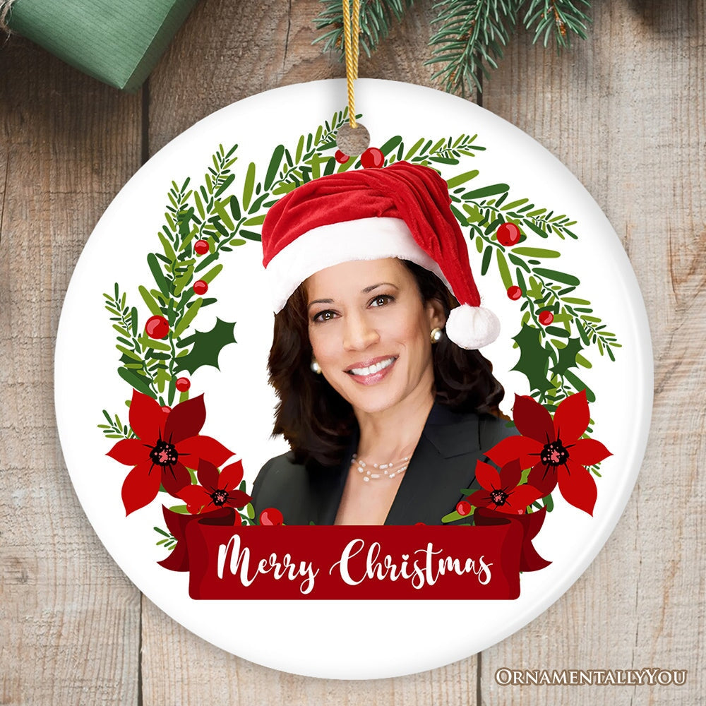 Kamala Harris Merry Christmas in Christmas Wreath Ornament Ceramic Ornament OrnamentallyYou Circle 