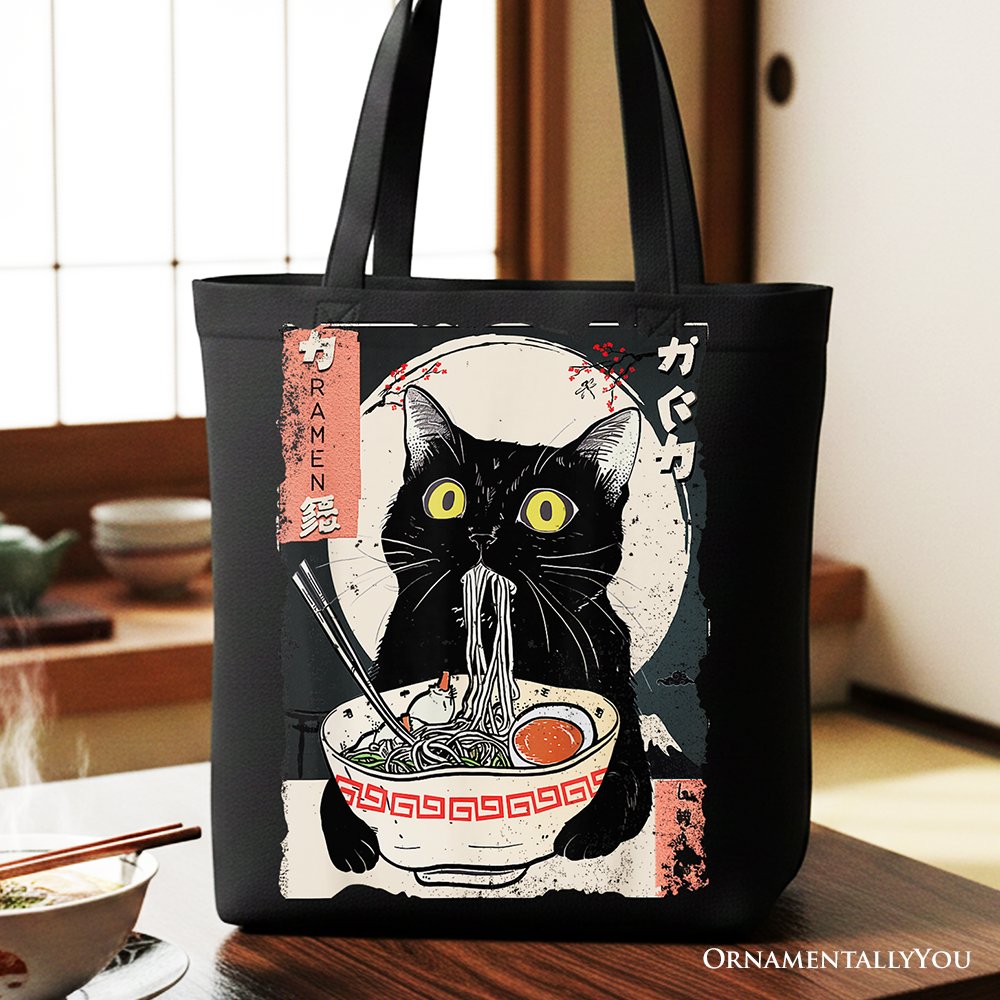 Kawaii Anime Cat Eating Ramen Canvas Tote Bag, Noodle Japanese Art Style Gift Bag Tote Bag OrnamentallyYou Black 