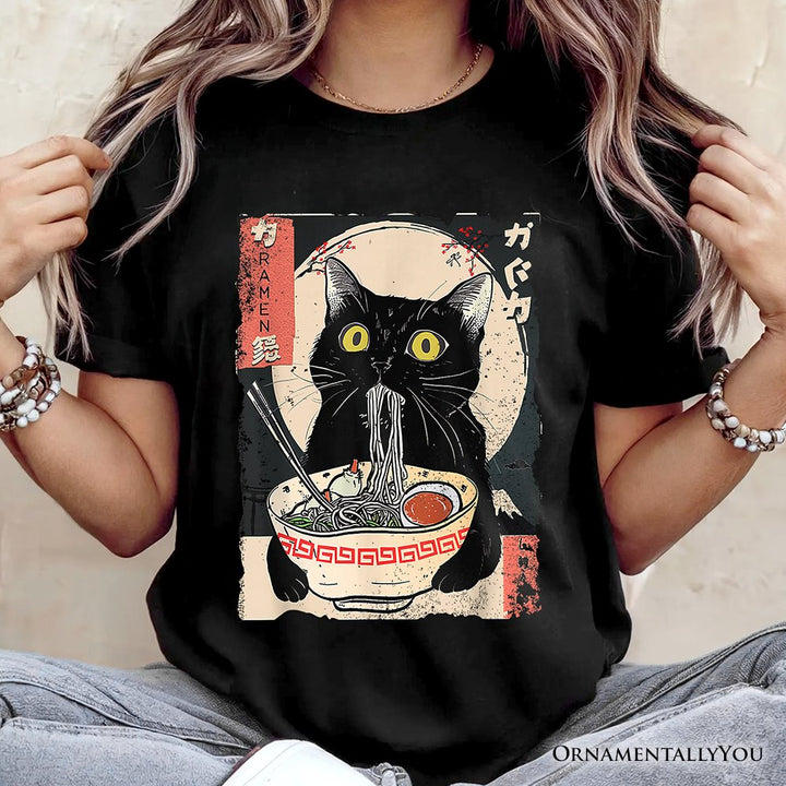 Kawaii Anime Cat Eating Ramen T-Shirt, Noodle Japanese Art Style Tee T-Shirts OrnamentallyYou 