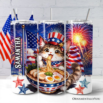 Kawaii Patriotic Ramen Maine Coon Cat 20oz Personalized Tumbler With Lid and Stainless Steel Straw, Japanese Anime Gift Cup Tumbler OrnamentallyYou Customized 