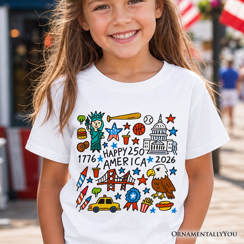 Kids Happy 250 America Doodle T-Shirt, Youth Patriotic USA 1776-2026 250th Anniversary Tee Kid's T-Shirts OrnamentallyYou 