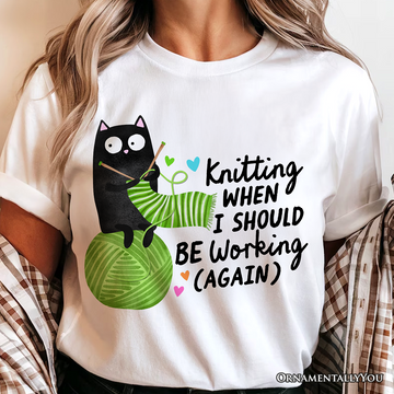 Knitting Black Cat Cute T-Shirt, Funny Working Crafter Phrase Tee