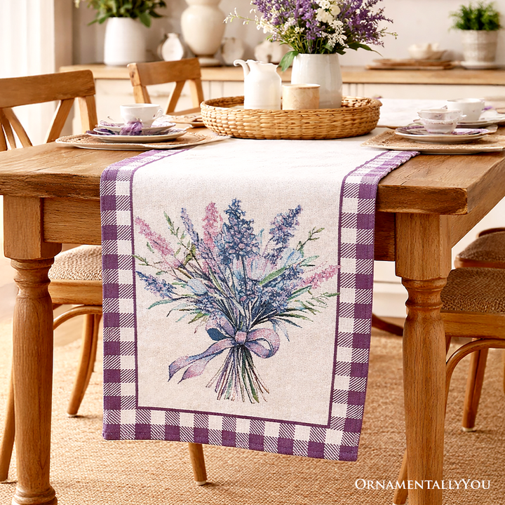 Lavender Floral 72" Jacquard Table Runner, High Quality Farmhouse Rectangle Tablecloth with Purple Flower Bouquet