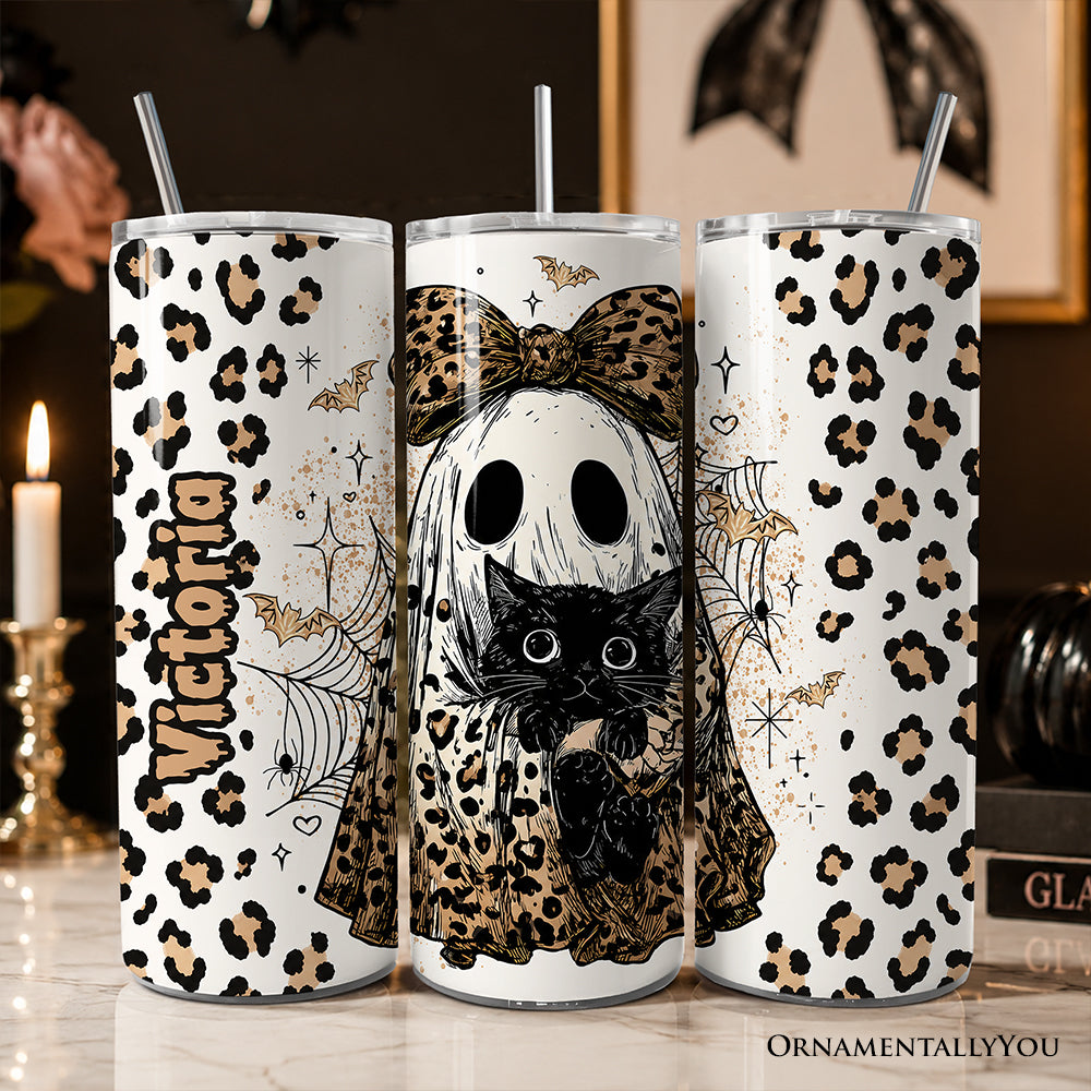 Leopard Ghost With Black Cat 20oz Personalized Tumbler With Lid and Stainless Steel Straw, Coquette Halloween Gift Cup