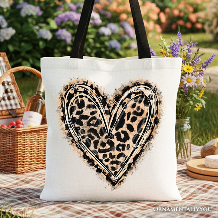 Leopard Heart Valentine Canvas Tote Bag, Love Design Shopper Tote Bag OrnamentallyYou Black Handle 