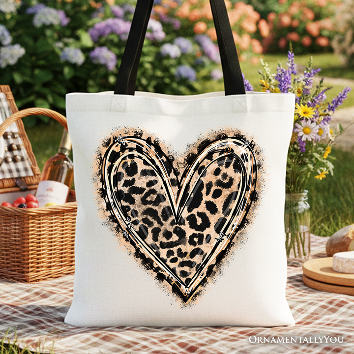 Leopard Heart Valentine Canvas Tote Bag, Love Design Shopper