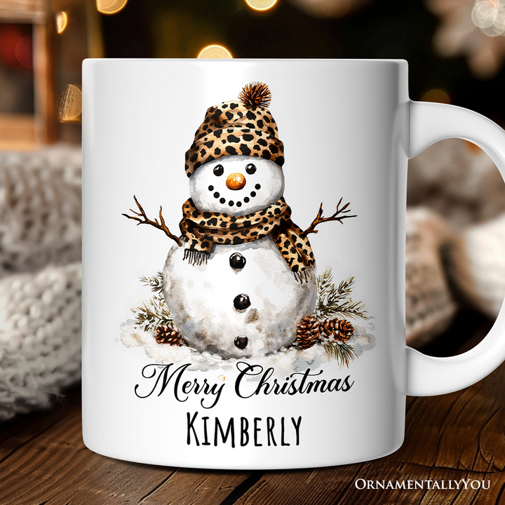 Leopard Snowman Personalized Mug, Christmas Gift With Custom Name