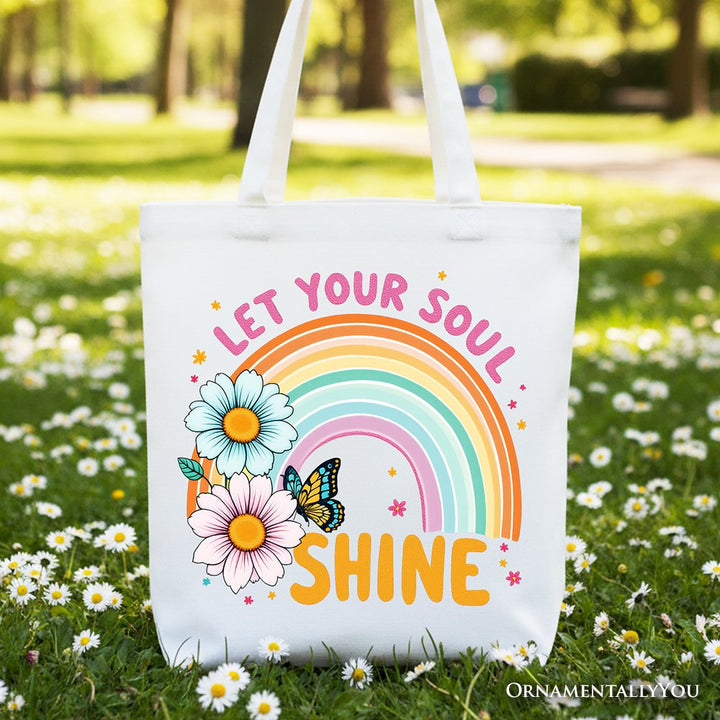 Let Your Soul Shine Rainbow Tote Bag, Retro Pastel Floral Feel Good Gift Shopper Tote Bag OrnamentallyYou White 