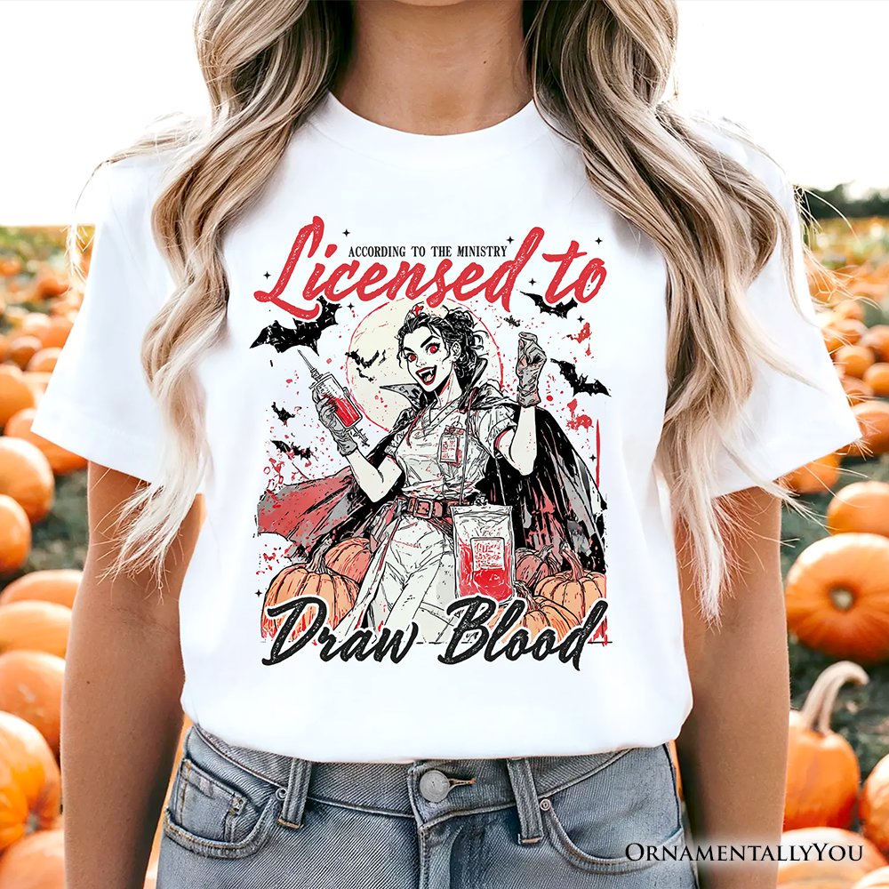 Licensed to Draw Blood Halloween Nurse T-Shirt, Groovy Tee for Spooky Season T-Shirts OrnamentallyYou 