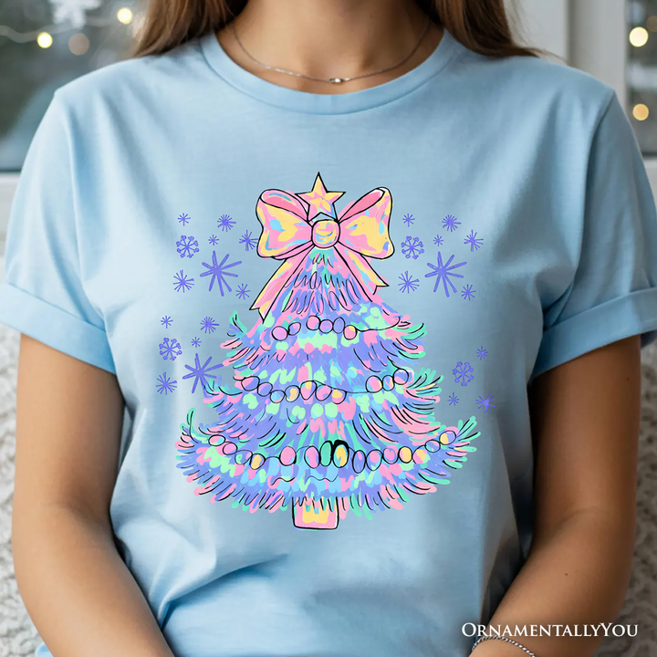 Light Blue Christmas Tree Bow T-Shirt, Coquette Colorful Holiday Tee