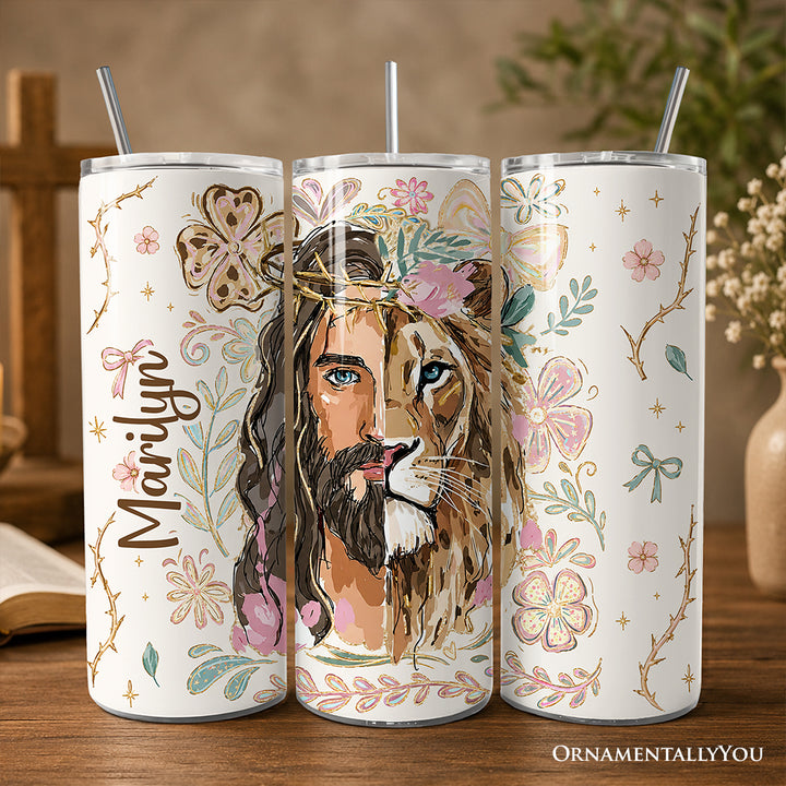 Lion of Judah Christian 20oz Personalized Tumbler With Lid and Stainless Steel Straw, Floral Jesus Religious Faith Gift Cup